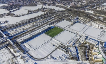 Aerial view, training ground in the snow at the Veltins-Arena, new car park Stan-Libuda-Weg, Erle,