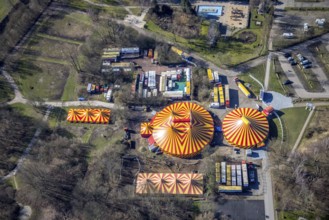 Aerial view, circus tents in Revierpark Nienhausen, Feldmarkstraße, Feldmark, Gelsenkirchen, Ruhr