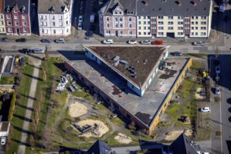 Aerial view, construction site kindergarten Rheinische Straße, Schalke, Gelsenkirchen, Ruhr area,