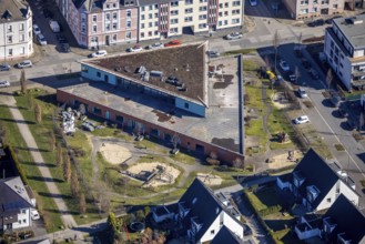 Aerial view, construction site kindergarten Rheinische Straße, Schalke, Gelsenkirchen, Ruhr area,