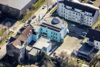 Aerial view, TuÄŸra cultural centre, mosque, Gelsenkirchen-Bulmke-Hüllen, Gelsenkirchen, Ruhr area,