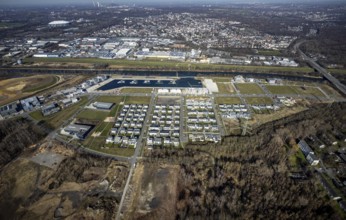 Aerial view, construction site, new construction area harbour quarter Graf Bismarck, marina