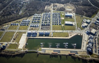 Aerial view, construction site, new construction area harbour quarter Graf Bismarck, marina
