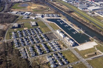 Aerial view, construction site, new construction area harbour quarter Graf Bismarck, marina