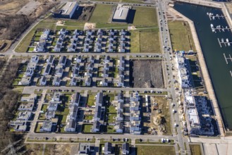 Aerial view, construction site, new construction area harbour quarter Graf Bismarck, marina