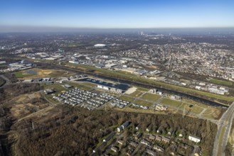 Aerial view, construction site, new construction area harbour quarter Graf Bismarck, marina