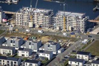 Aerial view, construction site, new construction area harbour quarter Graf Bismarck, marina