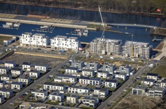 Aerial view, construction site, new construction area harbour quarter Graf Bismarck, marina