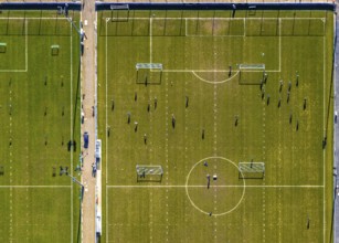 Aerial view, football players and training grounds at the Schalke Veltins-Arena, Berger Feld, Erle,