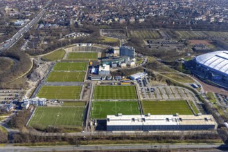 Aerial view, Courtyard by Marriott Gelsenkirchen, training grounds at the Schalke Veltins-Arena,