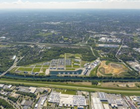 Aerial view, Graf Bismarck city quarter on the Rhine-Herne Canal, Marina Bismarck, Schalke-Nord,