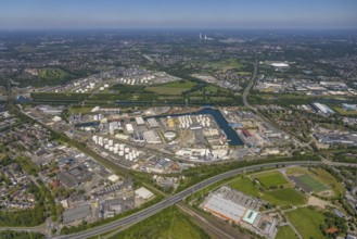 Aerial view, Gelsenkirchen city harbour on the Rhine-Herne Canal, Heßler, Gelsenkirchen, Ruhr area,