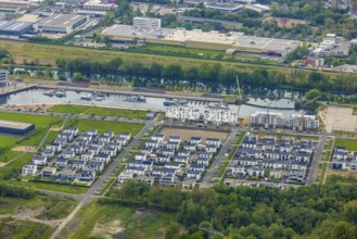 Aerial view, construction site and new building at Graf Bismarck harbour, Bismarck, Gelsenkirchen,