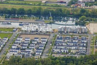 Aerial view, construction site and new building at Graf Bismarck harbour, Bismarck, Gelsenkirchen,