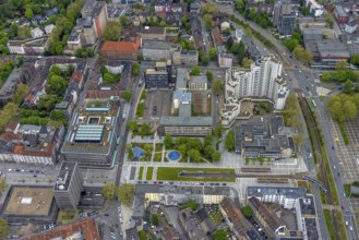 Aerial view, underground tram, Fritz-Rahkob-Platz, old town, town hall, Hans-Sachs-Haus,