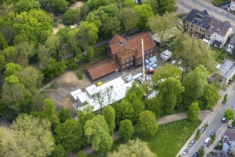 Aerial view, construction site and additional container at GGS Glückaufschule Ückendorf Außenstelle
