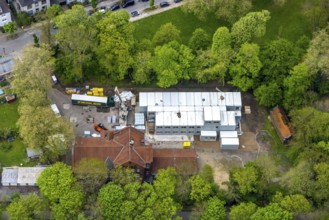 Aerial view, construction site and additional container at GGS Glückaufschule Ückendorf Außenstelle