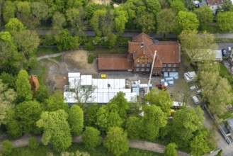 Aerial view, construction site and additional container at GGS Glückaufschule Ückendorf Außenstelle