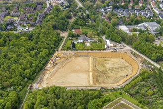 Aerial view, construction site rainwater retention basin Wattenscheider Bach, Ückendorf,