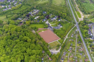 Aerial view, sports facility Halfmannshof, artists' estate Halfmannshof, Ückendorf, Gelsenkirchen,