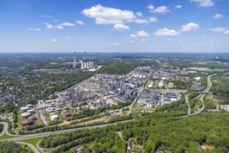 Aerial view, power plant Scholven, Ruhr Öl GmbH - BP Gelsenkirchen oil refinery, wind farm slagheap