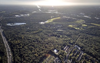 Aerial view, Resser Mark city forest with Emscherbruch central landfill in the Resser Mark district