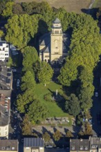 Aerial view, St Paul's Church Resse and memorial park with anniversary fountain in the Resse
