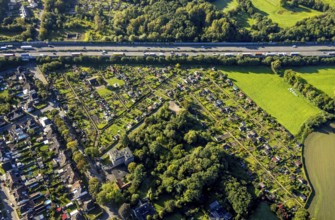 Aerial view, allotment garden association Gartenfreunde Resse at the motorway A2 in the district