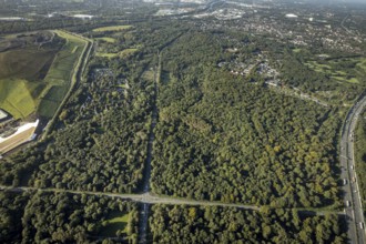 Aerial view, Resser Mark city forest with Münsterstrasse in the Resser Mark district of