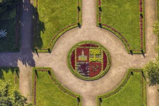 Aerial view, moated castle Schloss Berge green areas and city coat of arms of Gelsenkirchen in the