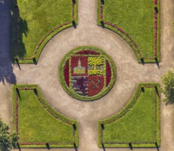 Aerial view, moated castle Schloss Berge green areas and city coat of arms of Gelsenkirchen in the