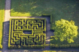 Aerial view, moated castle Schloss Berge labyrinth green areas in the district Buer in
