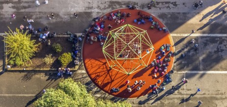Aerial view, pupils on the playground of the Max-Planck-Gymnasium in the Buer district of