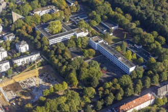 Aerial view, Max-Planck-Gymnasium and construction site with new building for multi-family houses