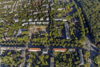 Aerial view, Max-Planck-Gymnasium and construction site with new building for multi-family houses