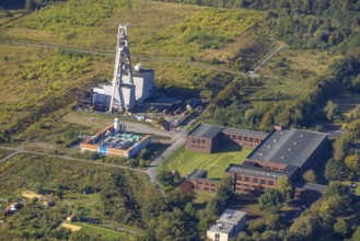 Aerial view, winding tower Hugo mine shaft 2 and current museum in the district Buer in