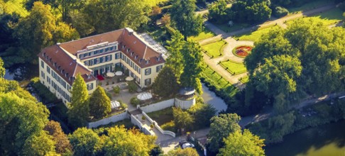 Aerial view, moated castle Schloss Berge in the district Buer in Gelsenkirchen, Ruhr area, North