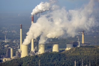 Aerial view, Smoking chimneys and cooling towers at the Uniper power plant Scholven in the district