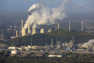 Aerial view, Smoking chimneys and cooling towers at Uniper power plant Scholven and Ruhr oil