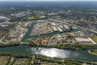 Aerial view, Gelsenkirchen city harbour on the Rhine-Herne Canal, Heßler, Gelsenkirchen, Ruhr area,