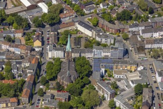 Aerial view, Horst secondary centre, Essener Straße, retail centre, St. Hippolytus parish church,