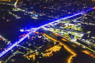 Aerial view, lighting in Schalke blue, Schalke 04, Kurt-Schumacher Straße with thyssenkrupp