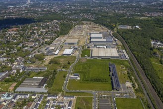 Aerial view, construction site and new building in the Europastraße industrial estate,