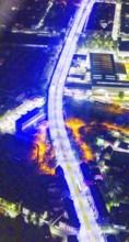 Aerial view, lighting in Schalke blue, Schalke 04, Kurt-Schumacher Straße with thyssenkrupp