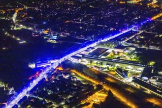 Aerial view, lighting in Schalke blue, Schalke 04, Kurt-Schumacher Straße with thyssenkrupp