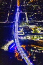 Aerial view, lighting in Schalke blue, Schalke 04, Kurt-Schumacher Straße with thyssenkrupp