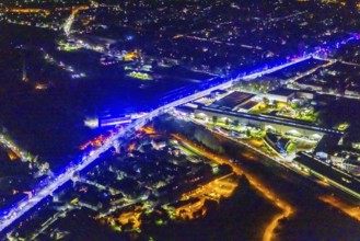 Aerial view, lighting in Schalke blue, Schalke 04, Kurt-Schumacher Straße with thyssenkrupp