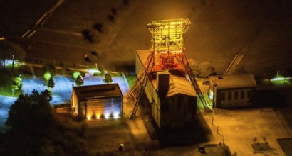 Aerial view, headframe shaft IX with engine houses in Consol Park, Bismarck, Gelsenkirchen, Ruhr