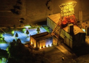 Aerial view, headframe shaft IX with engine houses in Consol Park, Bismarck, Gelsenkirchen, Ruhr