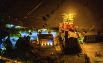 Aerial view, headframe shaft IX with engine houses in Consol Park, Bismarck, Gelsenkirchen, Ruhr